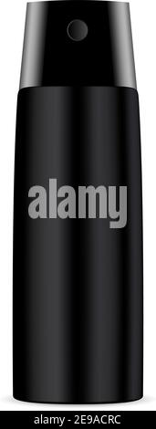 Deodorant Sprühflasche. Vector Mockup Für Schwarze Aerosolröhrchen. Glänzendes Aluminium realistisches Pack mit Kunststoffkappe. Abbildung Der Isolierten Zylinderzinn. Badezimmer Stock Vektor