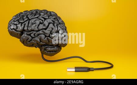 Darstellung eines menschlichen Gehirns aus dunklem Material mit usb-Kabel auf gelbem Hintergrund angeschlossen. 3D Abbildung Stockfoto