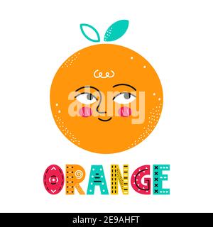 Süß glücklich Lächeln orange Frucht. Vektor einfache flache Cartoon skandinavischen Charakter handgezeichnete Illustration Symbol. Isoliert auf weißem Hintergrund. Skandinavisches orangefarbenes Fruchtdruckkonzept Stock Vektor