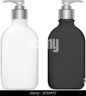 Pumpenspender. Kosmetikflasche Aus Kunststoff. Isoliertes Schwarz-Weiß-Mockup für Shampoo, Gel, Spray, Körperlotion, Shampoo. 3D realistische Container Templat Stock Vektor