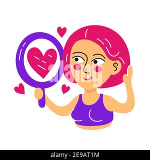 Nette Frau Blick auf Spiegel und genießen. Vektor flache Cartoon kawaii Charakter handgezeichnete Illustration Symbol. Isoliert auf weißem Hintergrund. Selbstliebe, Vertrauen Konzept Stock Vektor