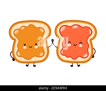 Nette lustige Brot Toast mit Erdnussbutter und Marmelade Charakter. Vektor flache Linie Cartoon kawaii Figur Illustration Symbol. Isoliert auf weißem Hintergrund. Toast mit Gesichtsfigur Maskottchen Konzept Stock Vektor