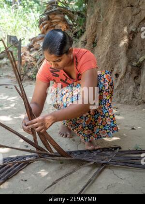 HIRIWADUNNA, SRI LANKA - 10. März 2019: Junge südasiatische Frau, die traditionelles Palmdach herstellt. Öko-Dorf Hiriwadunna. Stockfoto