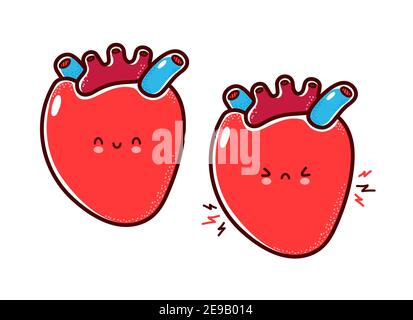 Nette gesunde und kranke traurige lustige menschliche Herz Organ Charakter. Vektor flache Linie Cartoon kawaii Figur Illustration Symbol. Isoliert auf weißem Hintergrund. Herz mit Gesichtsfigur Maskottchen Konzept Stock Vektor