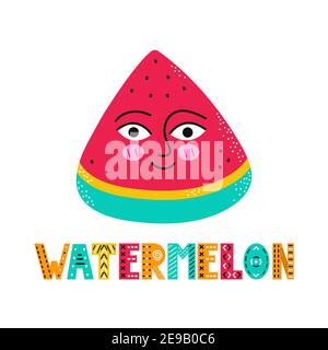 Süß glücklich Lächeln Wassermelone Obst. Vektor einfache flache Cartoon skandinavischen Charakter handgezeichnete Illustration Symbol. Isoliert auf weißem Hintergrund. Skandinavisches Konzept mit Wassermelone-Fruchtdruck Stock Vektor