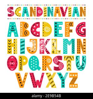 ABC skandinavischen Stil Alphabet. Vektor einfache flache Cartoon Illustration Symbol. Isoliert auf weißem Hintergrund. Handgezeichnetes Kinderzimmer-Poster mit handgezeichneten Buchstaben im skandinavischen Stil. Stock Vektor