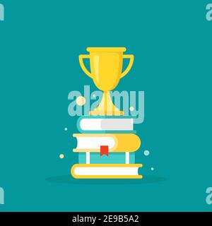 Stapel von Büchern mit Goldtrophäe oder Siegerpokal. Isoliert auf pulverblauem Hintergrund. Symbol für flache Anzeige. Vektorgrafik. Logo für den Bildungsbereich. Wissen Stock Vektor