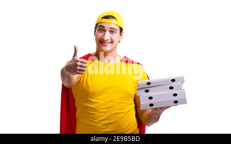 Der Superhelden Pizza Delivery Guy isoliert auf weiß Stockfoto