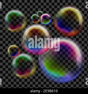 Seifenblase auf transparentem Hintergrund. Vektor glänzende Kugel Set mit Reflexion und glänzendem Wasser Regenbogen. Runder Farbkreis. Dekorative Kuppel Stock Vektor