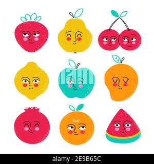 Niedliche lustige Früchte Charakter-Set. Vektor flache Cartoon kawaii Charakter handgezeichnete Illustration Symbol. Isoliert auf weißem Hintergrund. Erdbeere, Granatapfel, Birne, Kirsche, Zitrone, Wassermelone, Orange, Mango, Apfel Stock Vektor