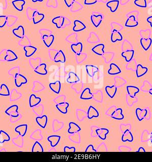 Einfache Herzen nahtlose Muster, endlose chaotische Textur aus winzigen Herzen Silhouetten.Valentines, Muttertag Hintergrund.Blau, Flieder, Pfirsich.Great für EAS Stockfoto