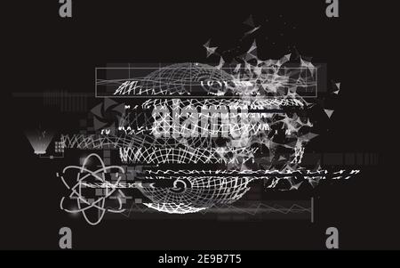 Glitch Komposition mit 3D Formen. Moderner digitaler Videoeffekt. Verzerrte Technik Kunst. Glitched HUD Elemente für Plakat, Werbung. Vektor Stock Vektor