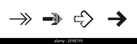Schwarze Pfeile nach rechts gesetzt. Flaches Symbol isoliert auf Weiß. Symbol „Weiter“. Als nächstes drücken Sie die Eingabetaste, wischen Sie über die Schaltfläche, und blättern Sie. Pfeil nach Osten. Geometrischer Stil Stock Vektor