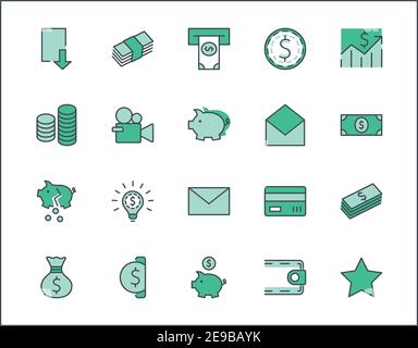 Mit Geld Verbundene Vektor-Liniensymbole. Enthält Symbole wie Geldbeutel, Piggy Bank in Form eines Schweins, Geldbörse, Geldautomaten, Geldbündel, Hand mit A. Stock Vektor