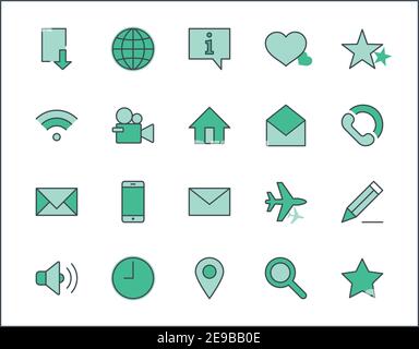Satz von Web Vector Line Icons. Enthält Symbole wie Globe, Wi-Fi, Home, Heart, Phone, Pencil, Time Clock, Star und mehr. Bearbeitbarer Strich. 32 x 32 Pixel Stock Vektor