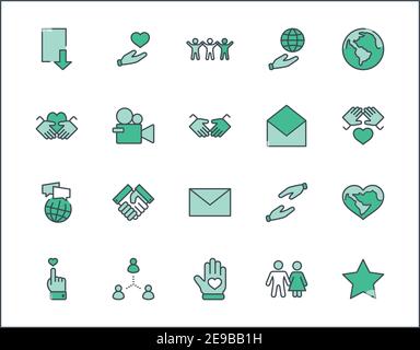 "International Day of Human Solidarity Line Vector Icons Set". Enthält Symbole wie Handshake, Herz, Planet Erde, helfende Hand, Menschen und mehr Stock Vektor