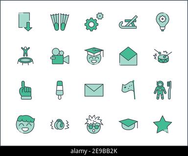 Das Symbol "internationaler Welttag für Kindererfindungen" Setzt Auf Den Linienvektor. Enthält Symbole wie Zahnbürstenastronauten, Trampolin, Flipper, Gefroren Stock Vektor