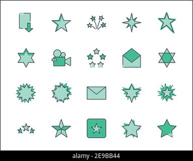 Satz von Sternen-Vektor-Liniensymbolen. Enthält Symbole wie Sternennacht, fallende Sterne, Feuerwerk, Twinkle, Leuchten, Glitterplatzen und mehr. Umrißzeichen für Stock Vektor