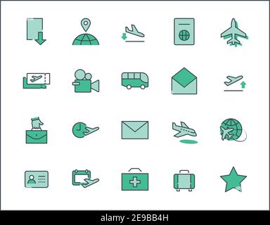 Satz von Flughafensbezogenen Vektorliniensymbolen. Enthält Symbole wie Globe, Abflug, Flugzeug, Bus, Tickets, Gepäckausgabe, Kalender, Kit und mehr Stock Vektor