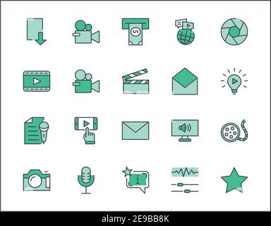 Symbole Für Den Linienvektor Für Den Internationalen Filmtag. Enthält Symbole wie Clapperboard, Kamera, Video, Wiedergabe, Film, Objektiv, Mikrofon, Medieneinstellungen und MOR Stock Vektor