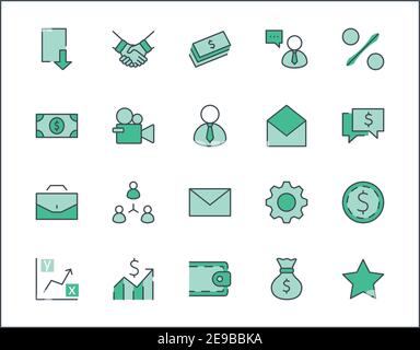 Satz von Symbolen für Business Vector-Linien. Es enthält Symbole für einen Handschlag, einen Benutzer, Dollar-Piktogramme, Zahnräder, einen Aktenkoffer, eine Geldtasche, einen Zeitplan und m Stock Vektor