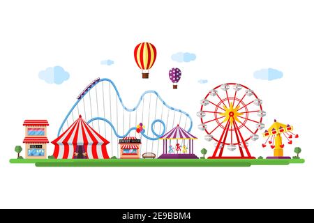 Vergnügungspark mit Zirkuskarussells Achterbahn und Attraktionen. Spaß Messe und Karneval Themenlandschaft. Riesenrad und fröhliche Karussell-Festivalvektor isolierte Illustration Stock Vektor