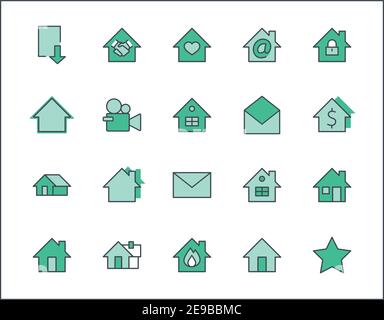 Set of House Vector Home Line Icons. Enthält Symbole für Vertragsabschluss, Herz, Wassertropfen, Feuer, Geld und mehr. Bearbeitbarer Strich. 32 x 32 pi Stock Vektor