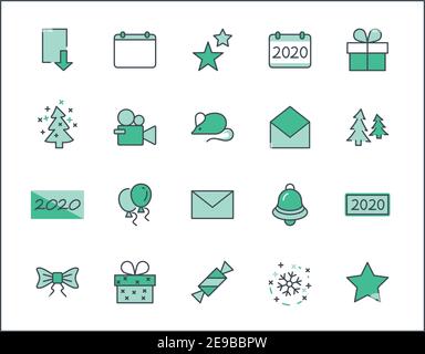 Frohes Neues Jahr Pigs. Symbol für Vektorlinie festlegen. Enthält Symbole wie Schwein, Weihnachtsbaum, Kalender 2019, Bogen, Luftballons, Glocke, Süßigkeiten, Geschenkbox, Sterne Stock Vektor