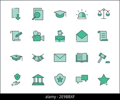 Set of Law and Justice Vector Line Icons. Enthält Symbole wie Waffe, Verhaftung, Autorität, Gerichtsgebäude, Gavel, Recht, Waffe und mehr. Bearbeitbarer Strich Stock Vektor