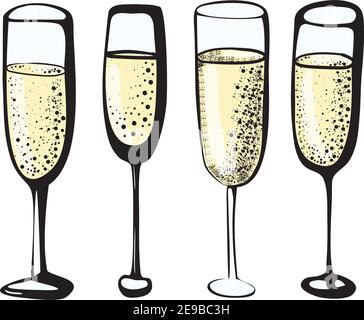 Vektor Doodle Set von Champagner Weingläser farbige Tinte Illustration Von Weinläsern trinken Linie auf weißem Hintergrund Stock Vektor