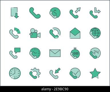 Satz von Telefon-Vektor-Leitungssymbolen. Es enthält die Symbole für eingehende, ausgehende, verpasste Anrufe, globale Anrufe und rund um die Uhr Online-Support und vieles mehr Stock Vektor
