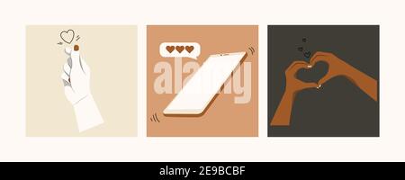 Love Sticker Pack. Hände in einem Herzen gefaltet, Smartphone mit Message Cloud. Vektor flache Illustration für Design. Stock Vektor