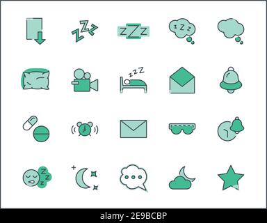 Sleep Vector Line - Symbole Festgelegt. Enthält Symbole wie Wecker, Bett, Insomnia, Kissen, Schlaftabletten, Bell, Brille für Schlaf, Blase und mehr. Bearbeiten Stock Vektor