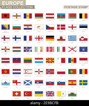 Briefmarke mit Europflaggen. Set mit 62 europäischen Flaggen. Vektorgrafik. Stock Vektor