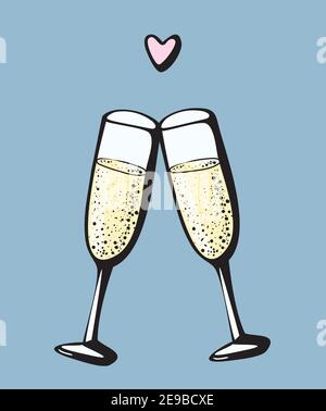 Vector Doodle handgezeichnete Illustration von zwei Champagner Gläser Paar Liebe trinken Prost Symbol Weingläser Sekt auf weißem Hintergrund Stock Vektor