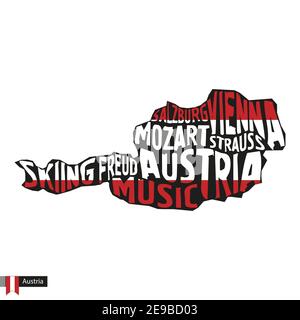 Typografie Karte Silhouette von Österreich in schwarz und Flagge Farben. Vektorgrafik. Stock Vektor