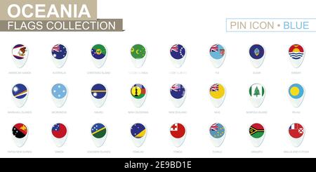 Oceania Flags Kollektion. Großer Satz von blauen Pin-Symbol mit Flaggen der ozeanischen Länder. Vektorgrafik. Stock Vektor
