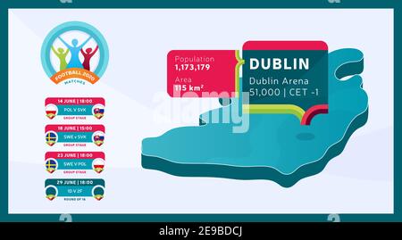 Isometrische Republik Irland Landkarte mit Tag im Dubliner Stadion, die Fußballspiele findet Vektorgrafiken. Fußball-2020-Turnierfina Stock Vektor
