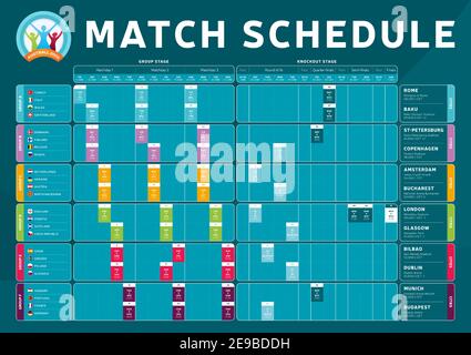 Fußball-2020-Turnier-Endspielplan, Vorlage für Web, Print, Tabelle der Fußballergebnisse, Fahnen der europäischen Länder Fußball-Championshi Stock Vektor