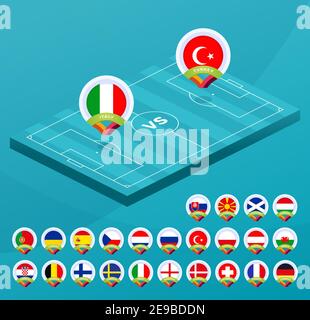 Fußball-europameisterschaft 2021 isometrische Spiel gegen Teams Intro Sport Hintergrund, Meisterschaft Wettbewerb Finale Poster, flache Stil Vektor illu Stock Vektor