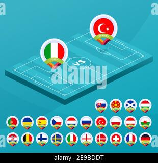 Fußball-europameisterschaft 2021 isometrische Spiel gegen Teams Intro Sport Hintergrund, Meisterschaft Wettbewerb Finale Poster, flache Stil Vektor illu Stock Vektor