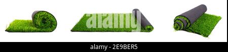 Rollen von Kunstrasen Panorama auf weißem Hintergrund. Stockfoto