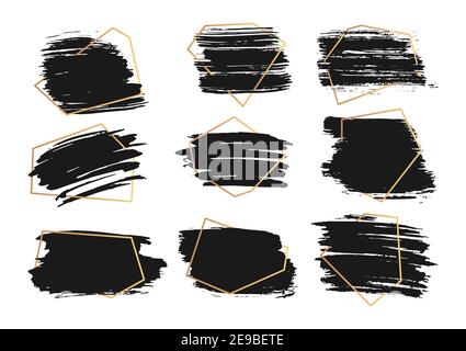 Satz von verschiedenen handgezeichneten Pinselstrichen mit goldenem Rahmen. Stempeletikett für künstlerische Gestaltung. Grunge Textur, schmutzige Banner und Textfelder. Abstrakte Linien schwarze Farbe. Isolierte Vektordarstellung Stock Vektor