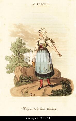 Bauernfrau von Slowenien (Oberkrain), 18th. Jahrhundert. Im Sommer Kleid mit peca Kopftuch, Shift, Mieder schwarzen Petticoat, rote Schuhe und Strümpfe. Villageoise de la Haute Carniole. Handkolorierter Kupferstich nach einer Illustration von William Alexander aus J-B. Eyries’ L'Autriche: Kostüme, Moeurs et Usages des Autrichiens, Österreich: Kostüme, Manners und Mores der Österreicher, Librairie de Gide Fils, Paris, 1823. Jean-Baptiste Eyries (1767-1846) war ein französischer Geograph, Autor und Übersetzer. Stockfoto