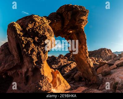 Elephant Rock and the Muddy Mountains, Valley of Fire State Park, Nevada, USA Stockfoto