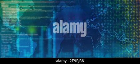 Abstract Business Information Technology Hintergrundkonzept. Code-Programmierung, Digital Binary und Weltkarte in blauer Farbe Hintergrund. Stockfoto
