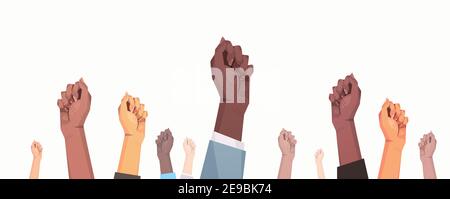 Internationale Damen Tag Mix Rennen erhöhte Fäuste starke Mädchen macht Konzept verschiedene Nationalitäten weibliche Hände horizontale Vektor-Illustration Stock Vektor