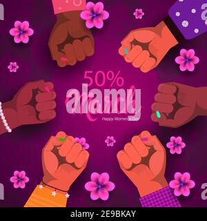 Internationale Damen Tag Mix Rennen Fäuste Urlaub Shopping Sale Konzept Verschiedene Nationalitäten weibliche Hände Vektor-Illustration Stock Vektor