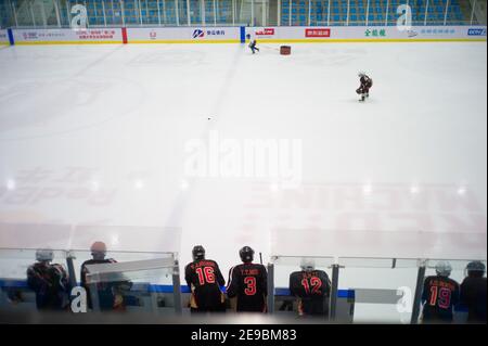 (210204) -- PEKING, 4. Februar 2021 (Xinhua) -- Spieler des Pekinger Eishockey-Teams 1979 beobachten Kinder beim Training vor ihrer eigenen Trainingseinheit in Peking, Hauptstadt von China, 30. Januar 2021. Das Pekinger Eishockey-Team 1979 besteht aus Spielern über 60 Jahren, die 1970s Schüler einer Amateur-Eishockey-Schule waren. Als die Schule 1979 ihre Eishockey-Programme beendete, beendeten diese Spieler ihr Training mit gestrichenen Träumen.nach Pekings erfolgreicher Bewerbung für die Olympischen Winterspiele 2022 2015 sind in der chinesischen Hauptstadt Eisbahnen aufgestiegen und Eishockey-Enthusiasmus war ra Stockfoto