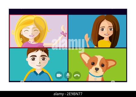 Virtuelle Telefonkonferenz mit Menschen und Welpen. Online Quarantäne Treffen von Freunden oder Kollegen. Vektorgrafik im Cartoon-Stil Stock Vektor